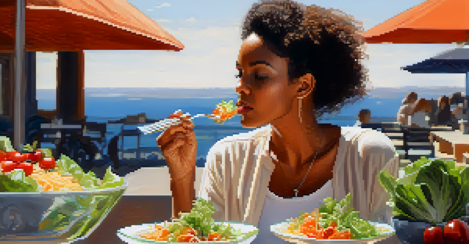 A close-up of a person enjoying a bite of vibrant salad with a fork, showing a serene expression and emphasizing the textures of the meal.