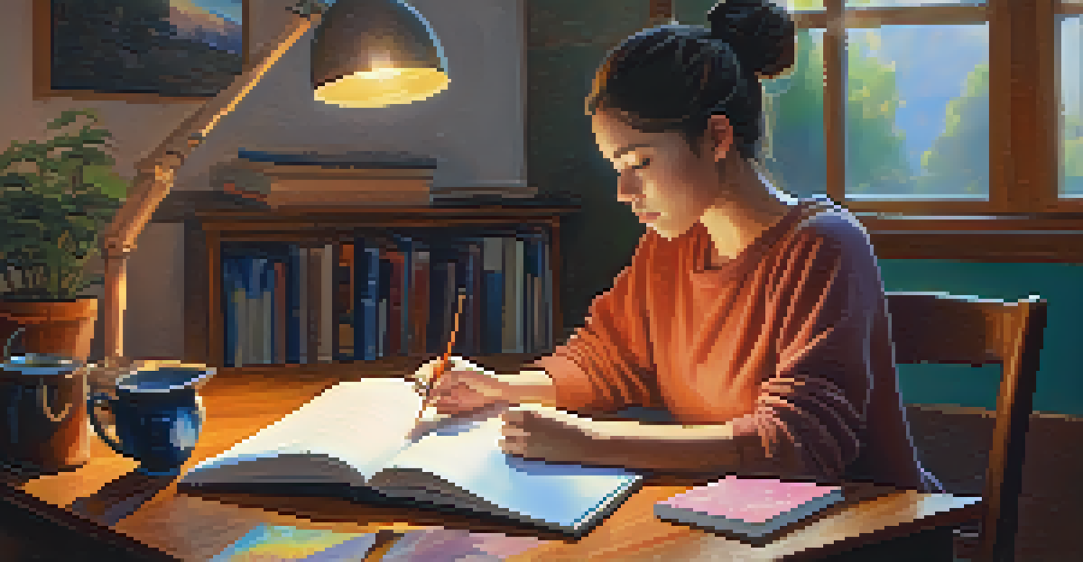A student journaling at a desk in a cozy room, with art supplies and warm lighting creating an inviting atmosphere.