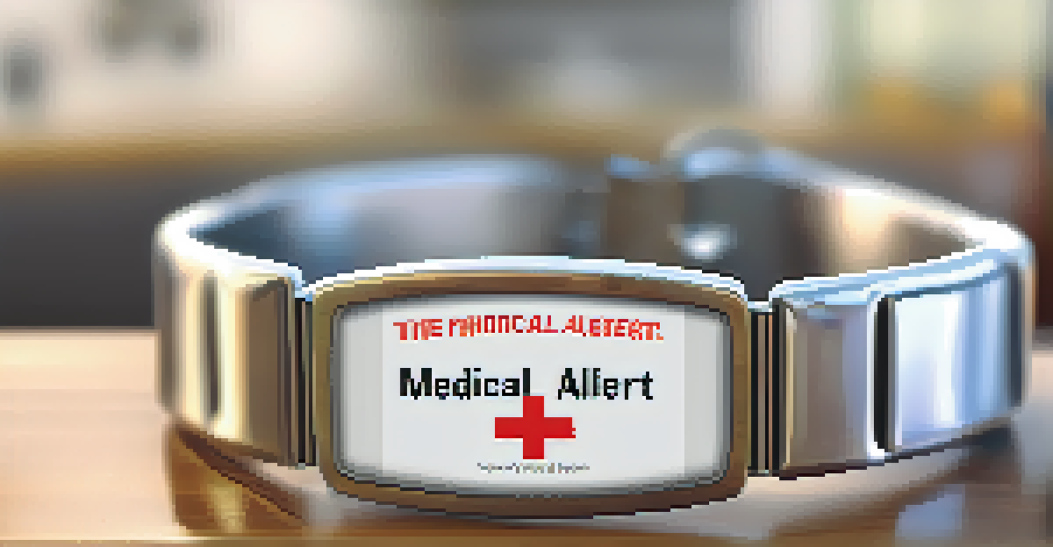 A close-up of a medical alert bracelet on a table, with a blurred kitchen background, signifying safety for those with allergies.