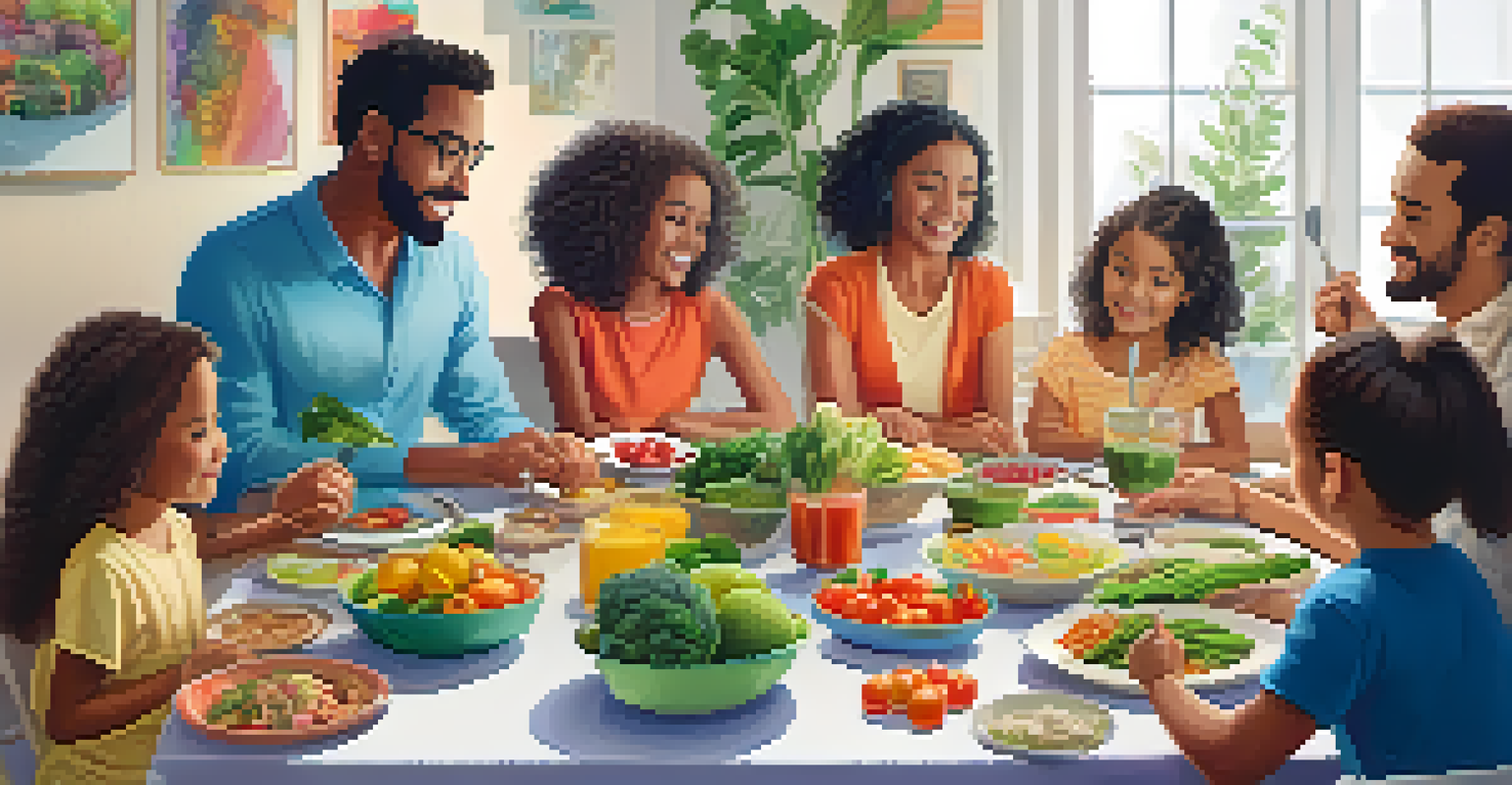 A nutritionist and a family discussing a nutrition plan at a table with healthy foods, highlighting collaboration and cultural respect.