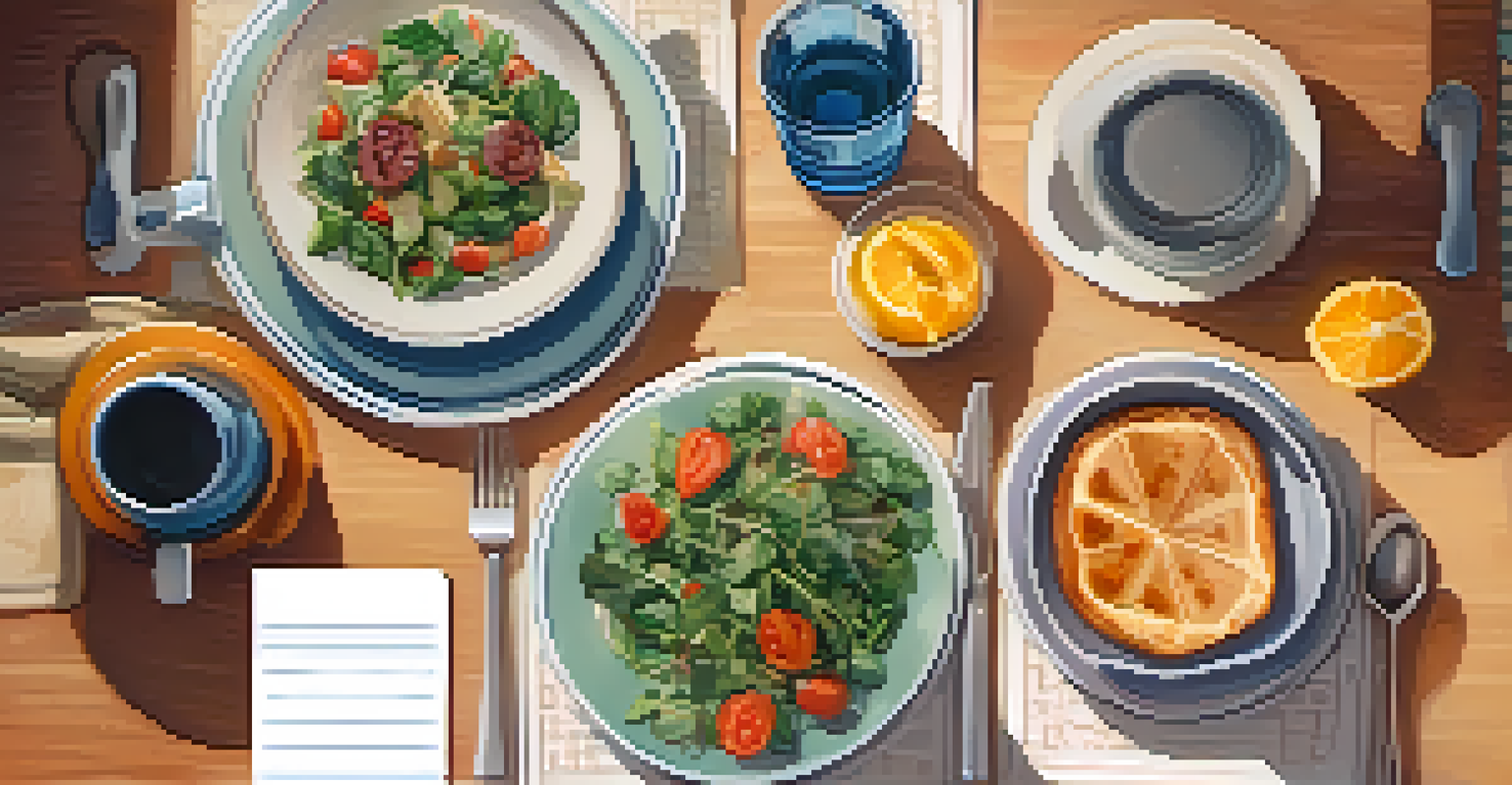 A cozy kitchen table with a colorful meal, a glass of water, and a notepad for meal planning, all bathed in warm lighting, promoting mindfulness.