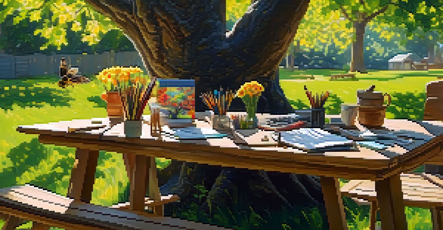 An outdoor workspace under a large oak tree with a wooden table, notebook, and art supplies, surrounded by a vibrant garden.