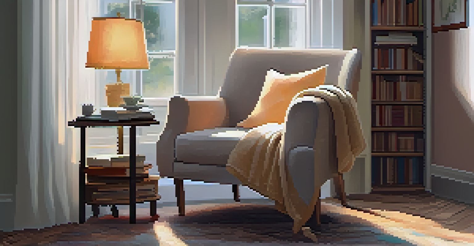 A cozy reading nook with a plush armchair, a cup of tea, and an open book, bathed in warm sunlight.