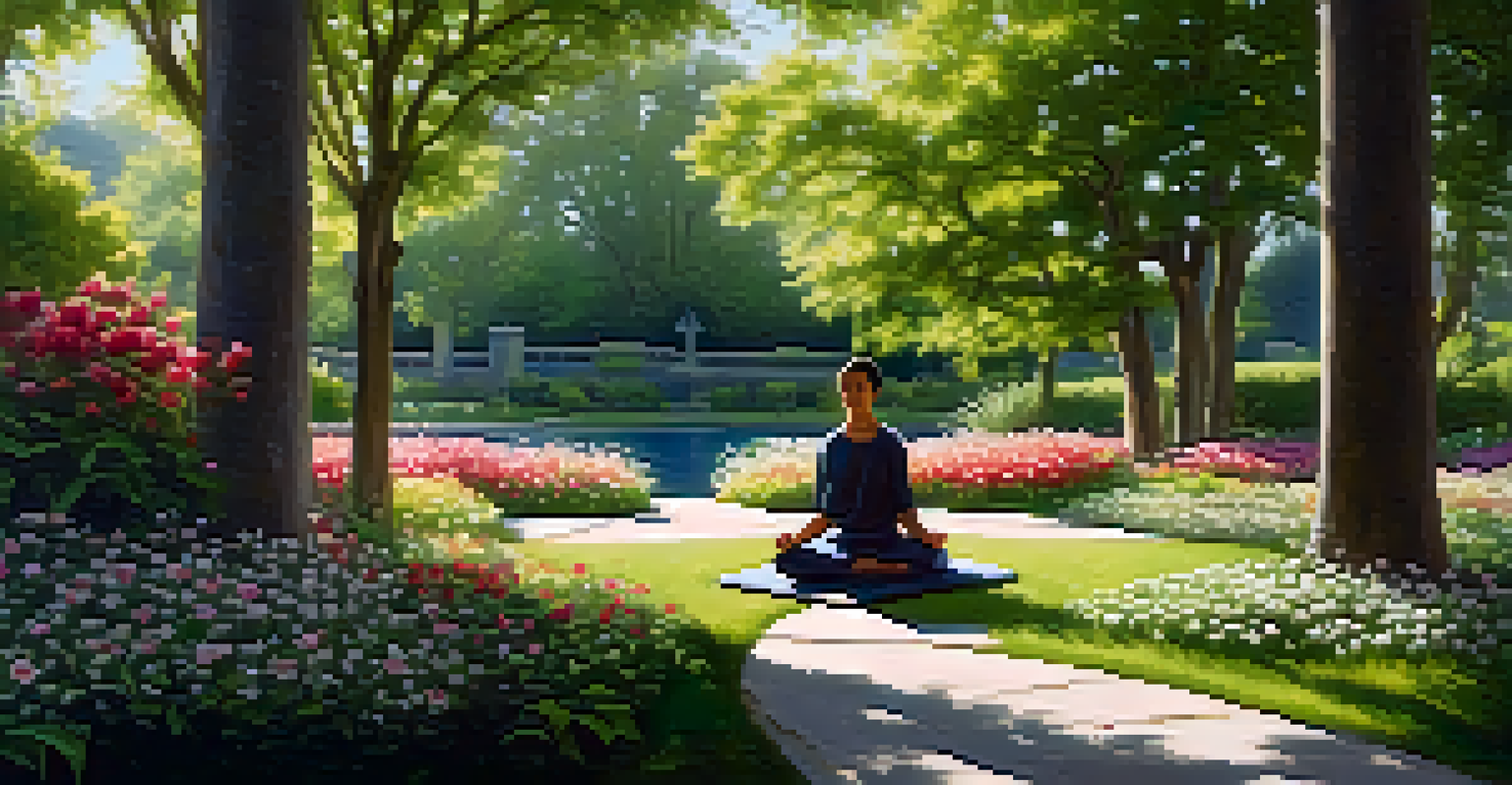 A person meditating in a vibrant garden filled with flowers and trees, illuminated by soft sunlight.