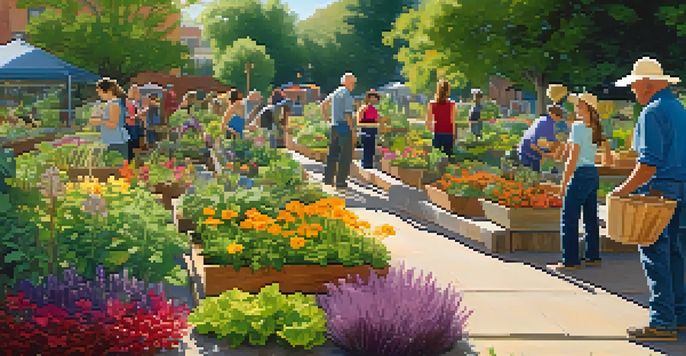 A lively community garden scene with people of different ages planting and tending to various colorful flowers and vegetables under warm sunlight.