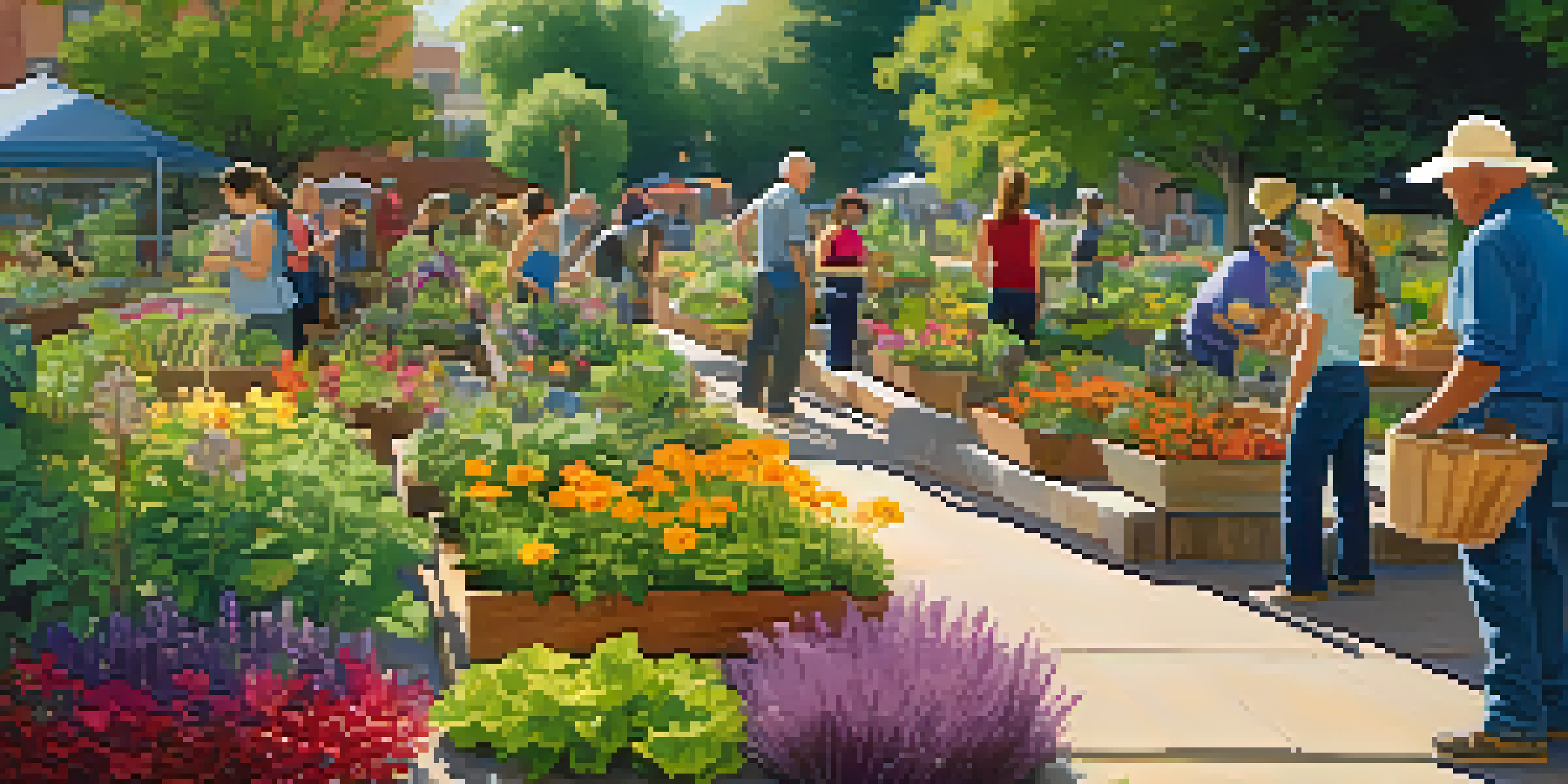 A lively community garden scene with people of different ages planting and tending to various colorful flowers and vegetables under warm sunlight.
