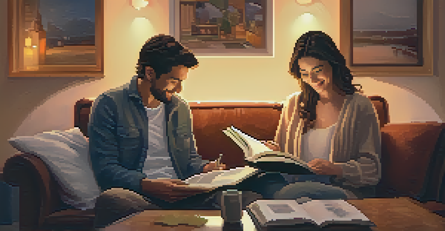 A happy couple on a couch reading a journal together in a cozy, warmly lit room.