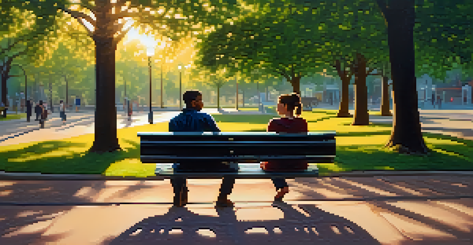 Two friends sitting on a bench in a park, having a meaningful conversation under the warm glow of the setting sun.