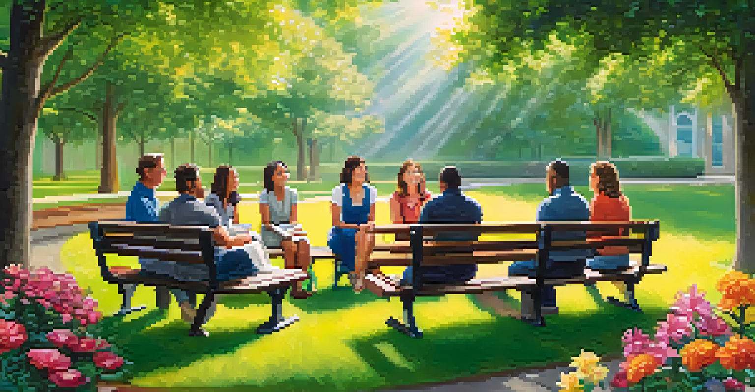 Participants in an outdoor group therapy session in a garden, surrounded by greenery and flowers, engaged in heartfelt discussion.
