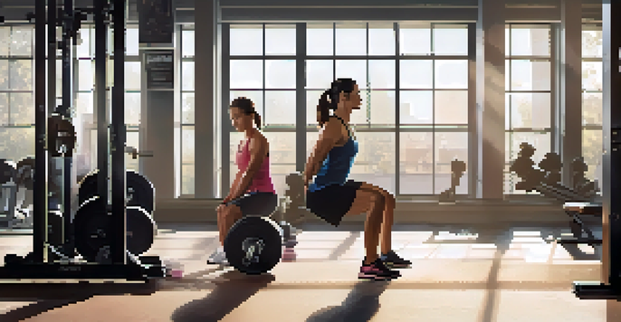 A personal trainer instructing a female athlete on proper weightlifting technique in a bright gym with fitness equipment.