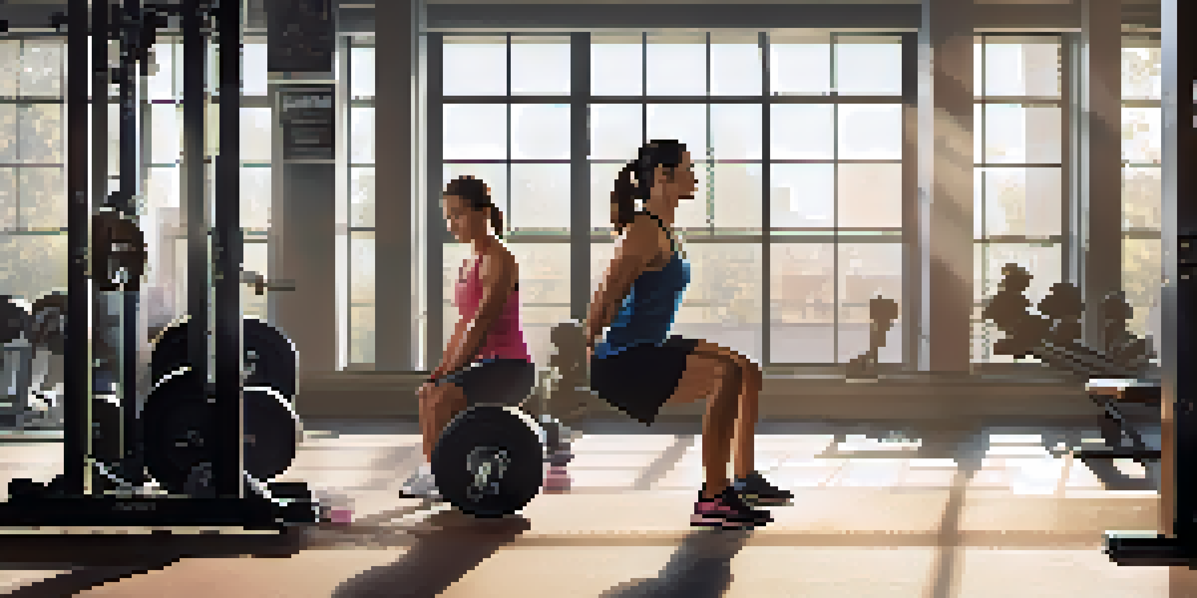 A personal trainer instructing a female athlete on proper weightlifting technique in a bright gym with fitness equipment.