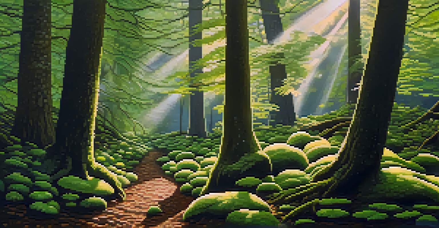 A detailed view of a forest floor, showcasing green moss, ferns, and mushrooms with soft sunlight filtering through trees.