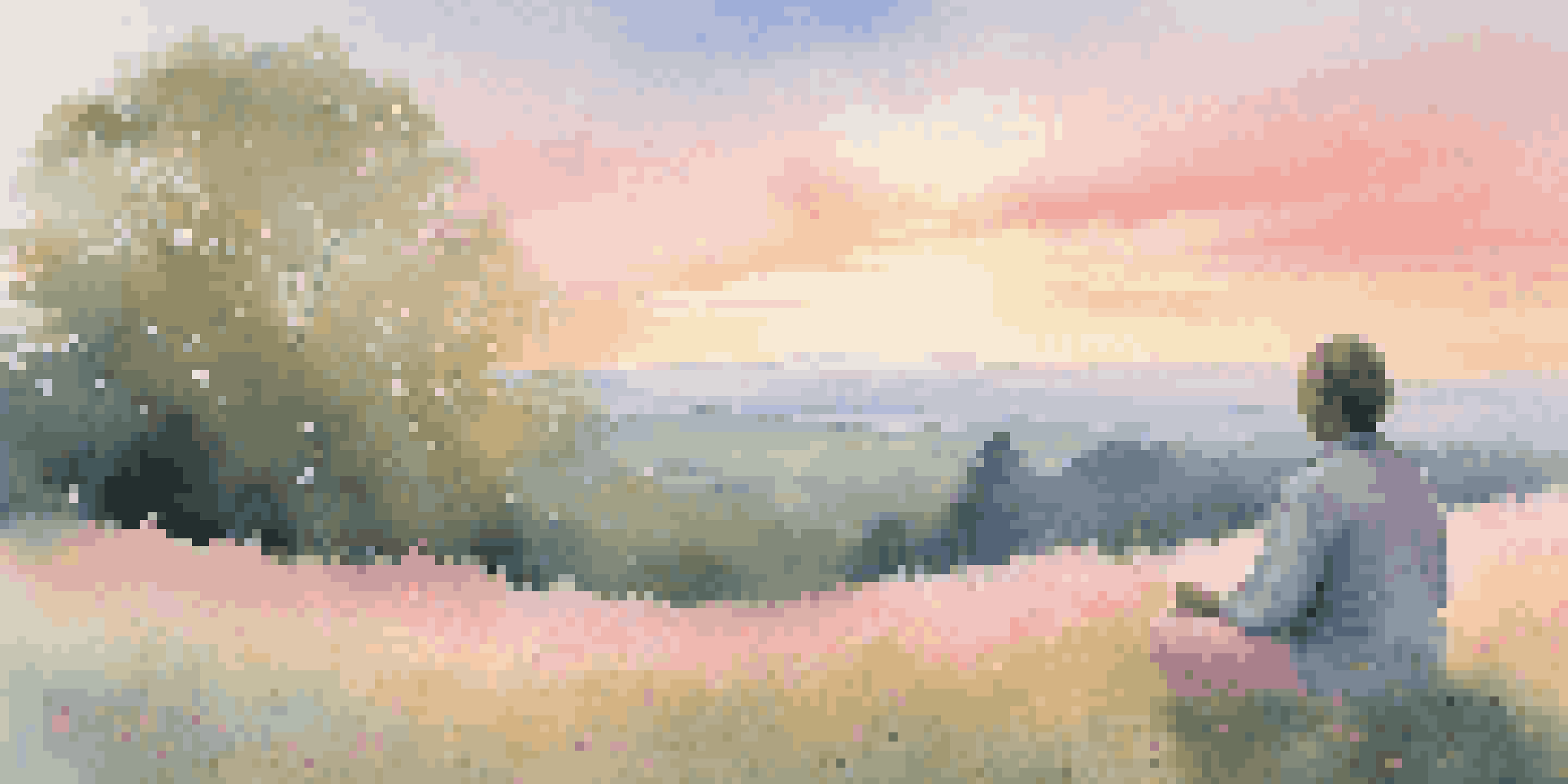 A person meditating on a grassy hilltop at sunrise, surrounded by wildflowers and soft pastel skies.