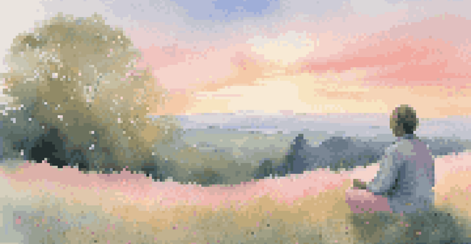 A person meditating on a grassy hilltop at sunrise, surrounded by wildflowers and soft pastel skies.