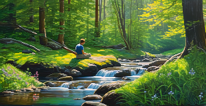 A tranquil forest scene with sunlight filtering through leaves, a stream, and a person practicing mindfulness on a rock.
