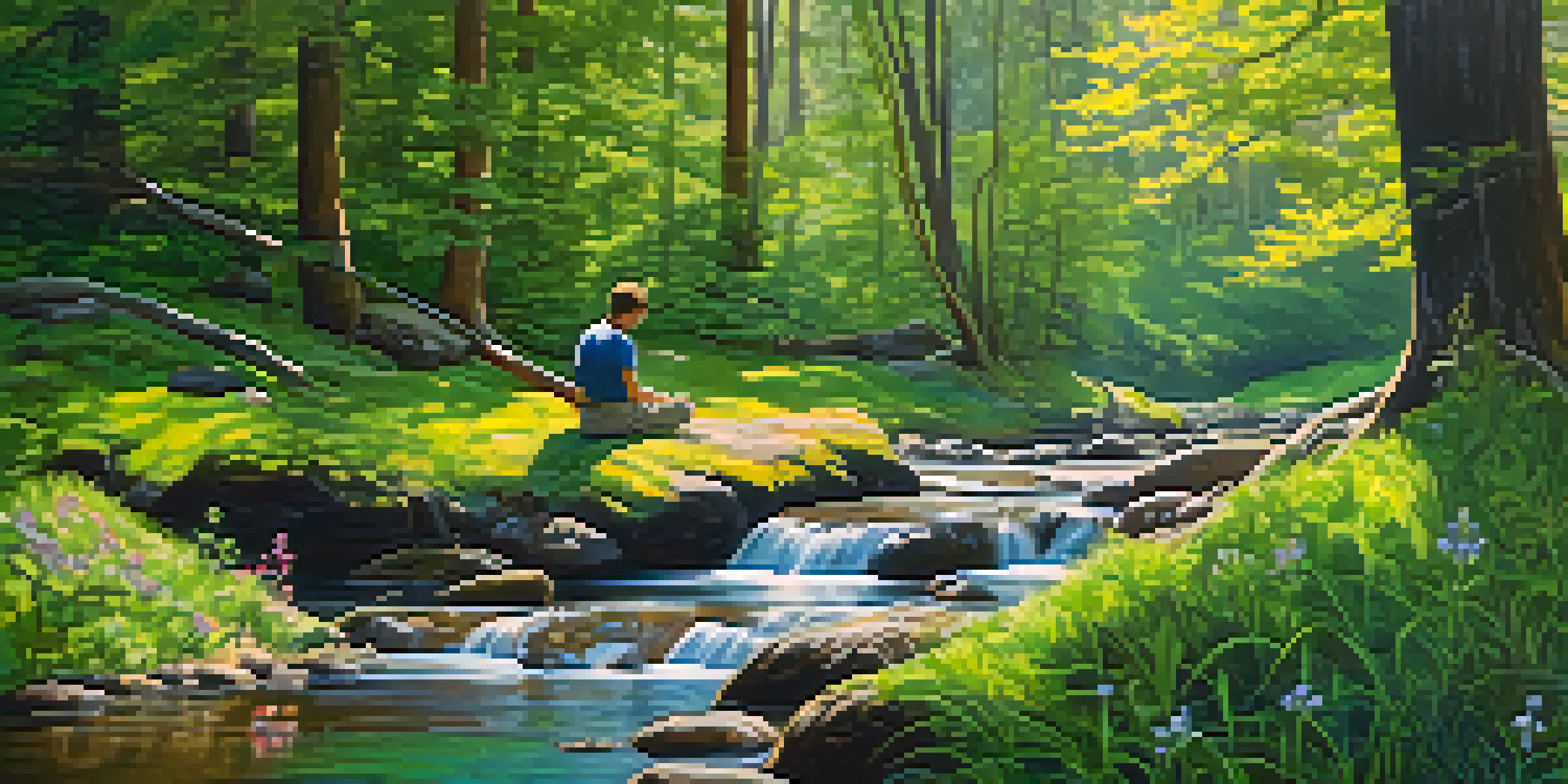 A tranquil forest scene with sunlight filtering through leaves, a stream, and a person practicing mindfulness on a rock.