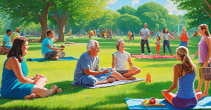 A happy family of different ages participating in fitness activities at a sunny park.