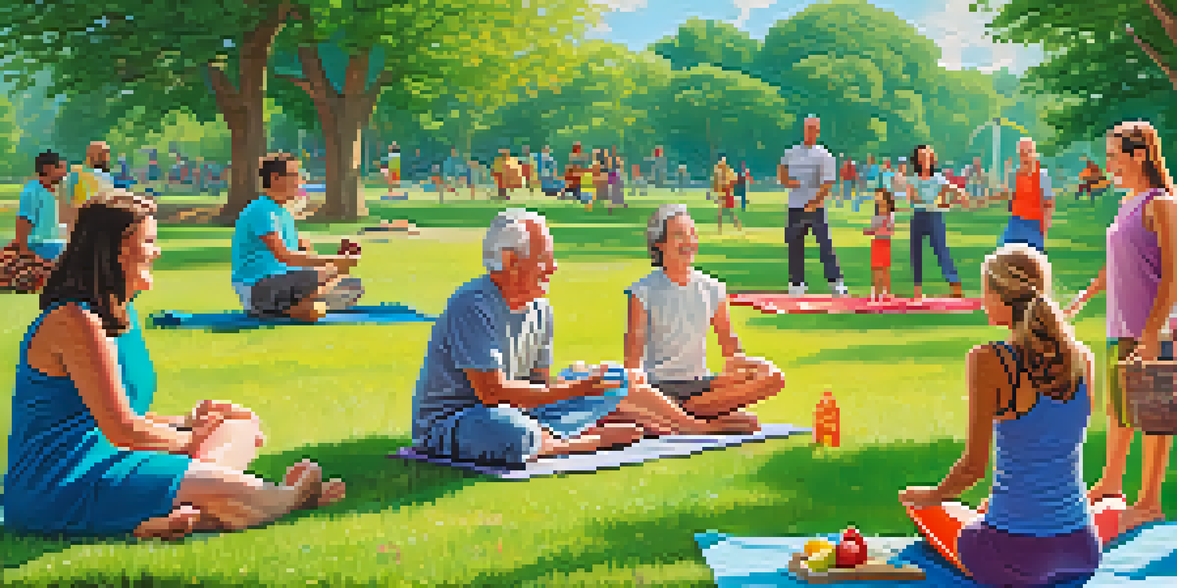 A happy family of different ages participating in fitness activities at a sunny park.