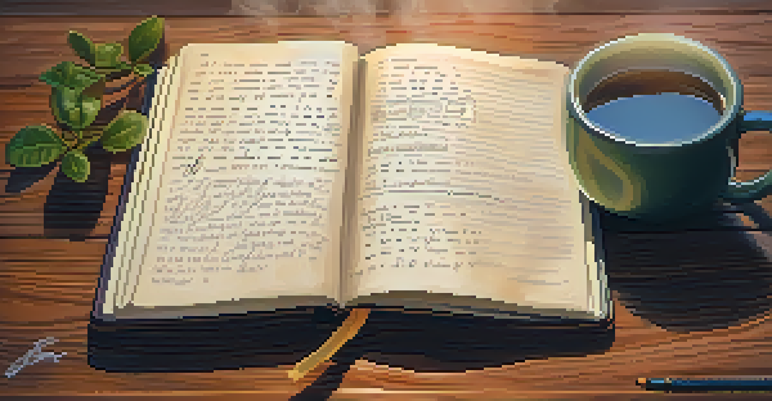 A notebook with a personal mantra, tea, a plant, and a candle on a wooden table.