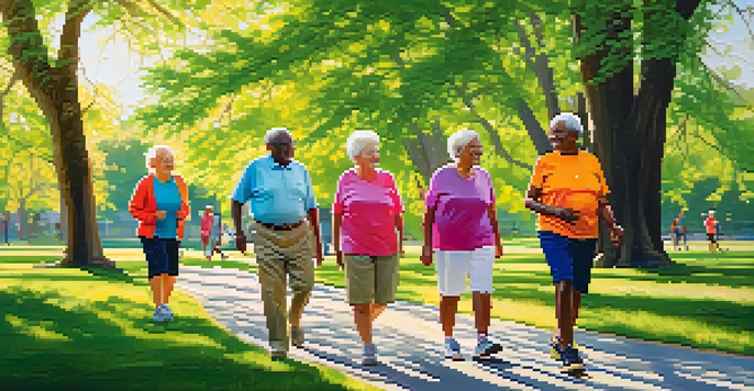 A group of happy seniors walking together in a sunny park, promoting fitness and community.