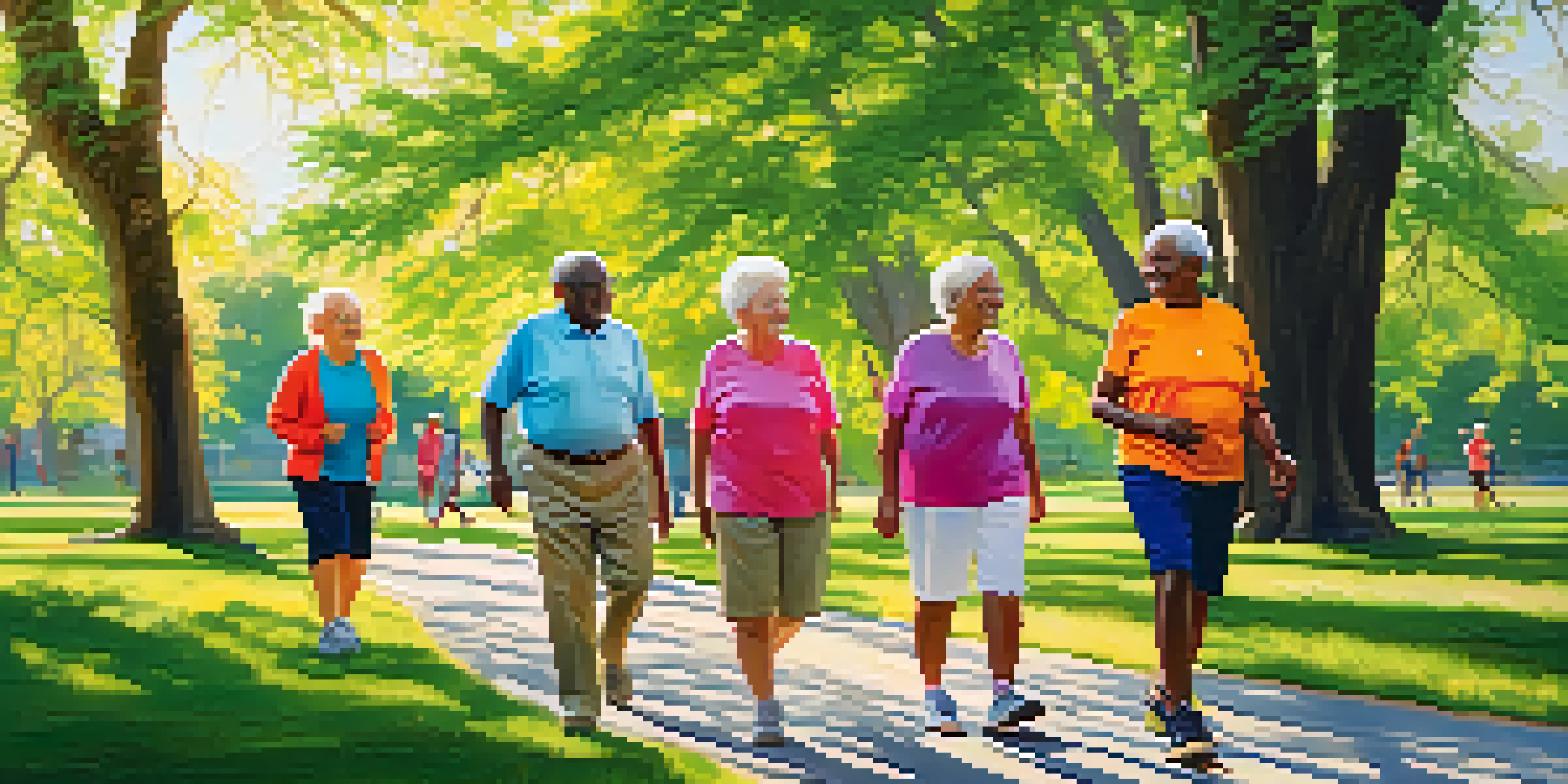A group of happy seniors walking together in a sunny park, promoting fitness and community.