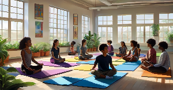 A diverse group of middle school students practicing mindfulness meditation in a bright, plant-filled classroom.