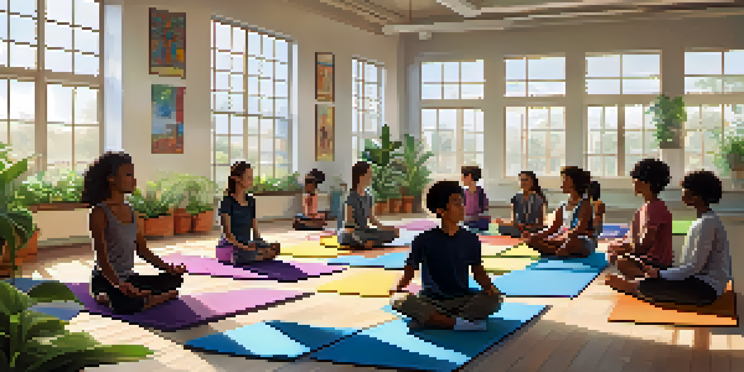 A diverse group of middle school students practicing mindfulness meditation in a bright, plant-filled classroom.