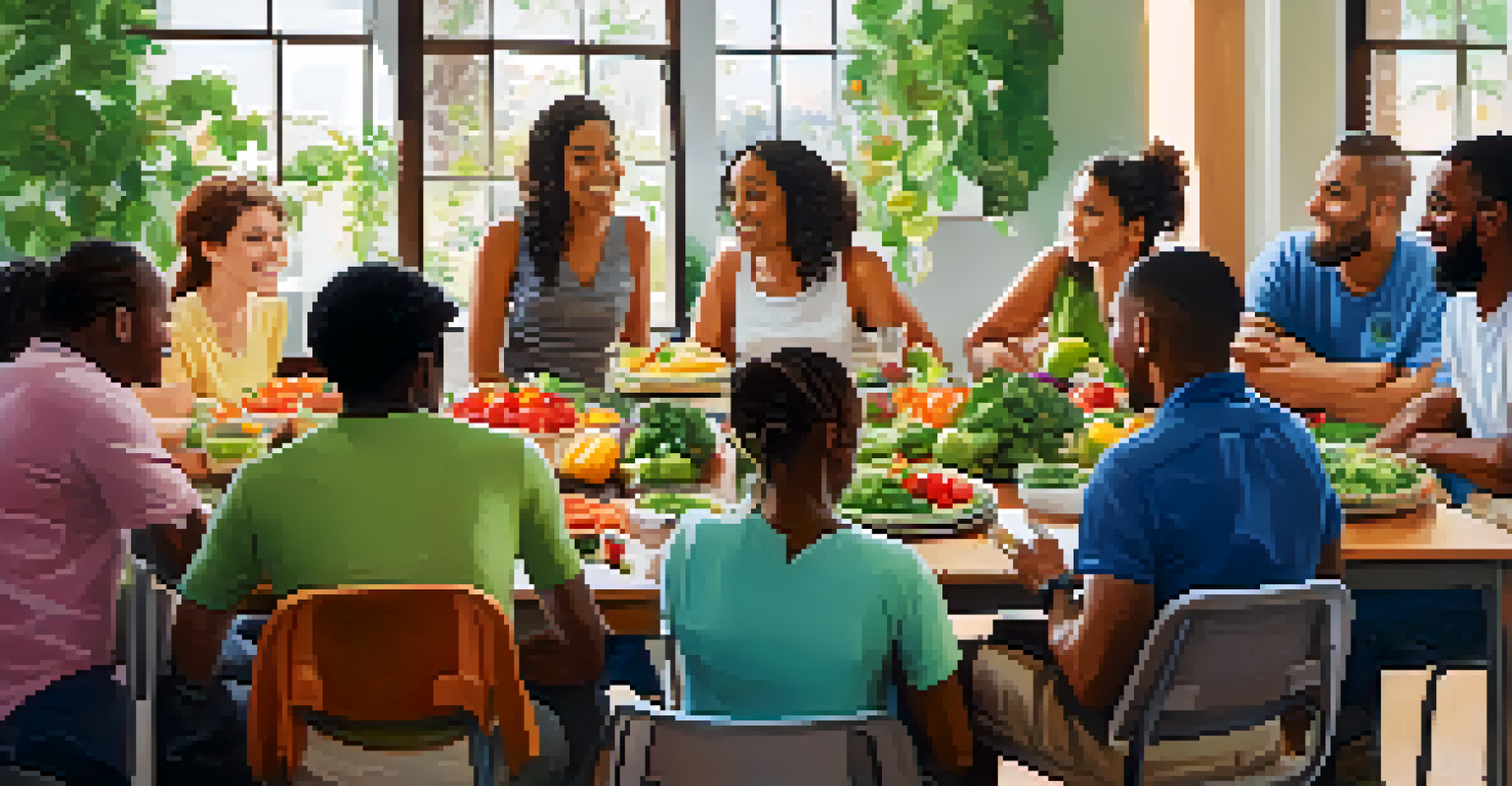 A group of diverse individuals participating in a nutrition workshop, surrounded by fresh produce and healthy eating materials.