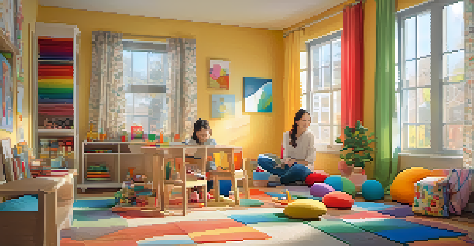 A warm and inviting therapy room for children, with toys and art supplies, where a child plays with blocks alongside a therapist.