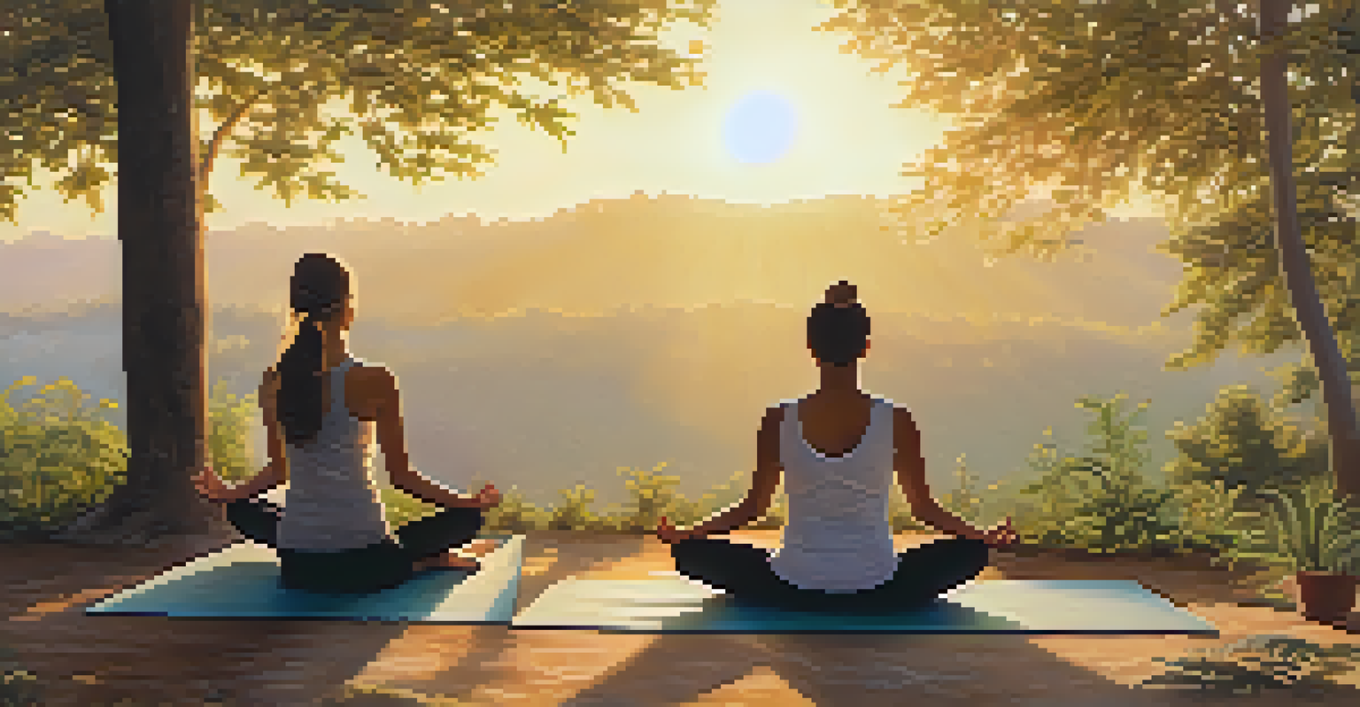 Participants practicing yoga in a tranquil outdoor setting during sunset, with mats spread on the ground and lush greenery surrounding them.