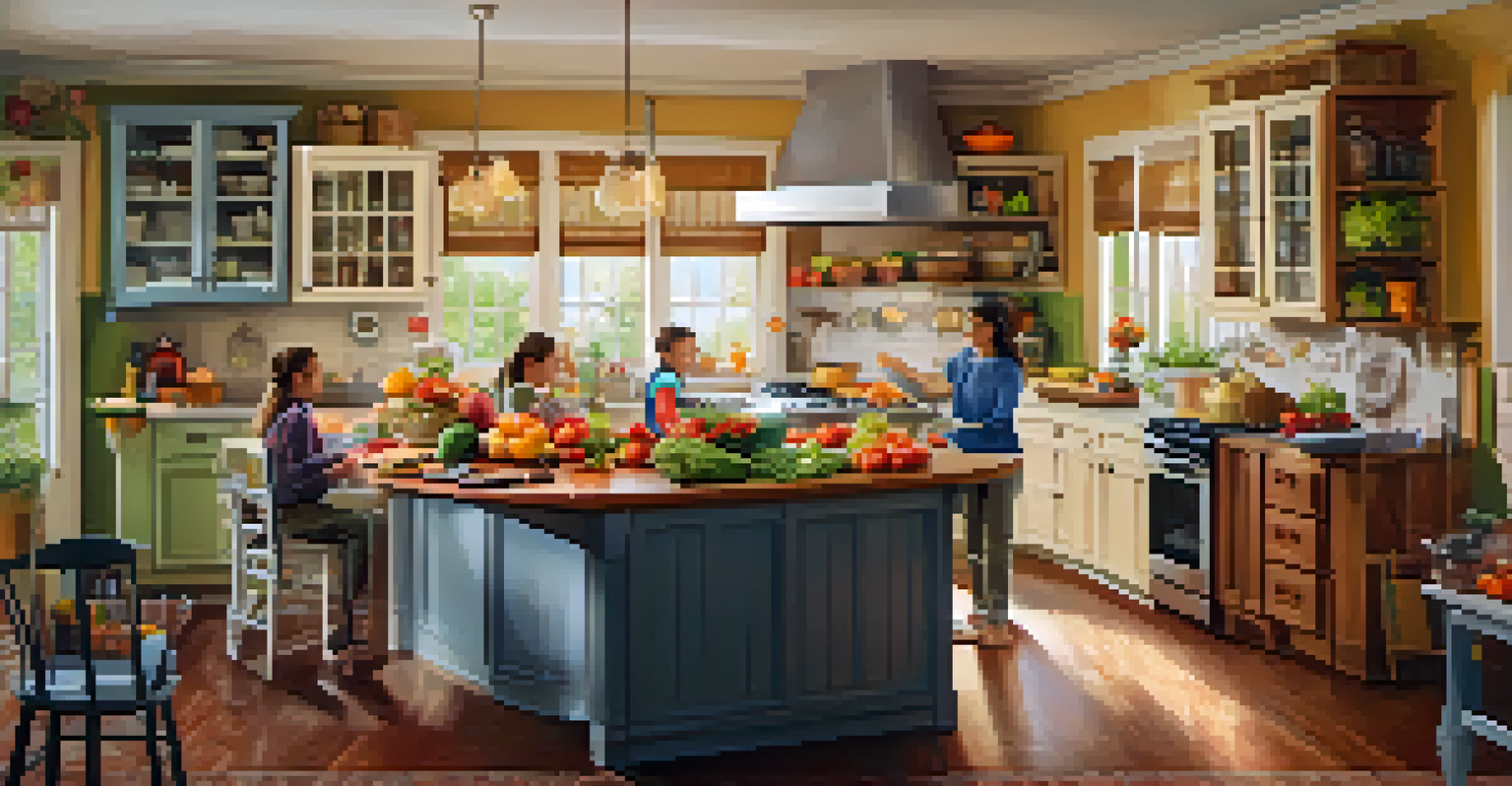 A family cooking together in the kitchen, with children discussing the ingredients and enjoying the process.