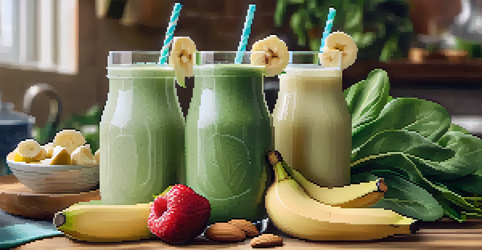 A close-up of a hand holding a green smoothie in a clear glass, surrounded by fresh spinach and bananas on a countertop.