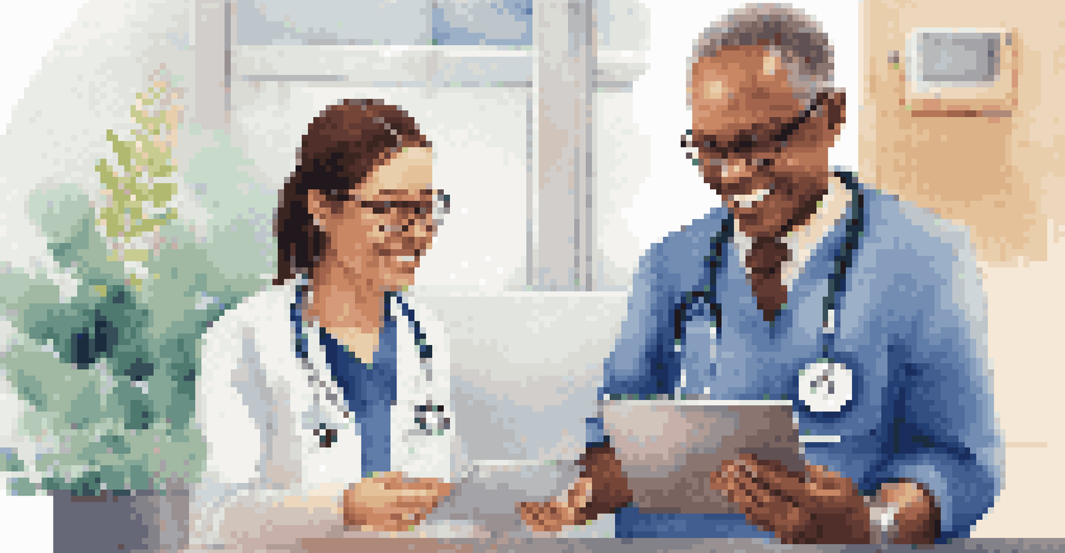 A healthcare provider discussing digital health records with a patient in a bright, modern clinic, both looking engaged and positive.