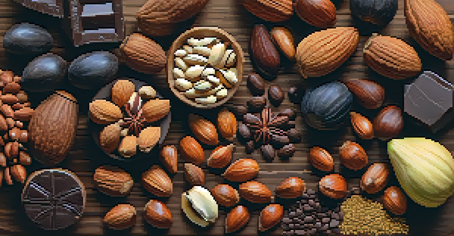 A close-up view of assorted nuts, seeds, and dark chocolate on a wooden surface, with natural light showcasing their textures and colors.
