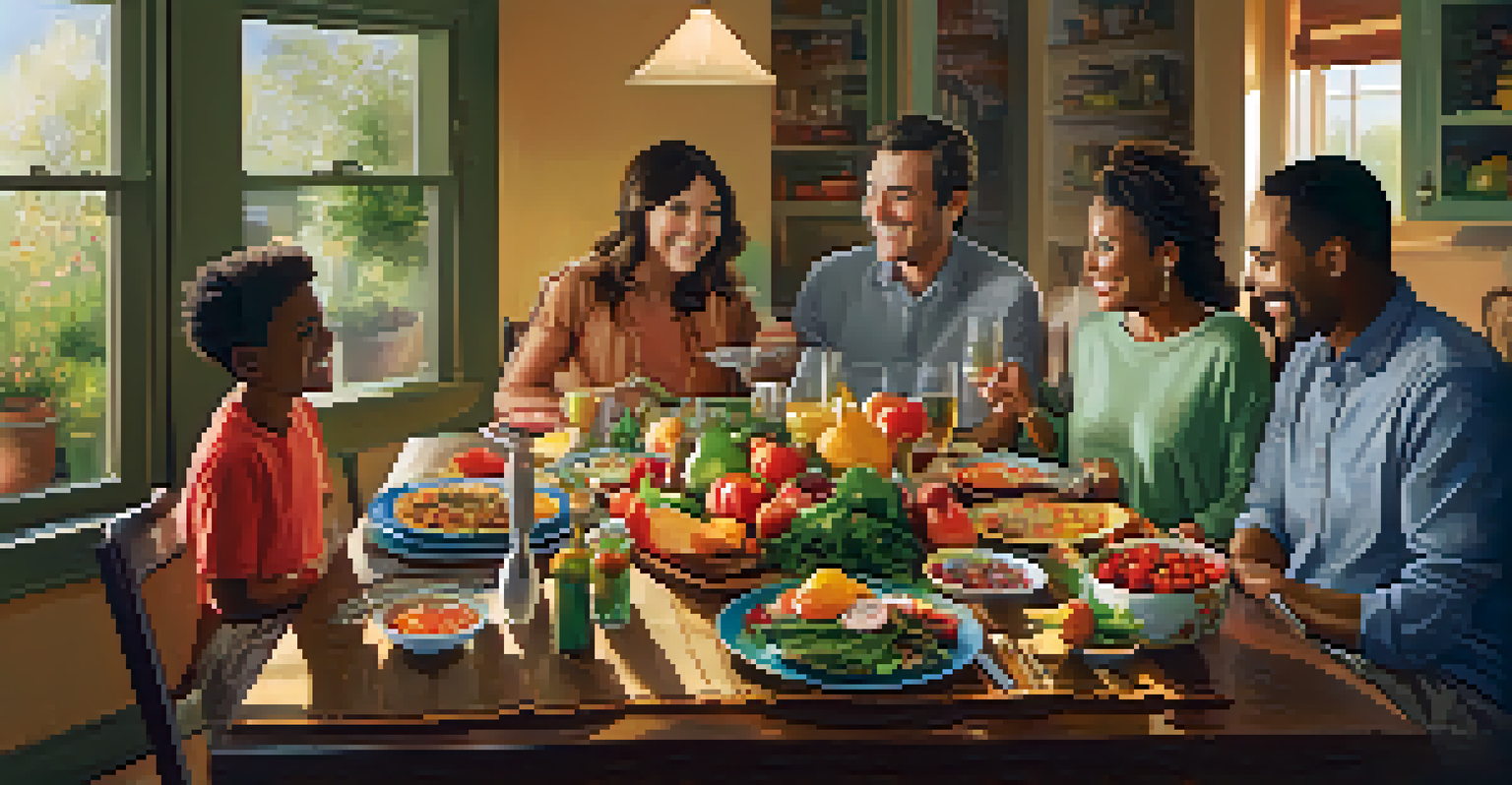 A family enjoying a meal together at a dining table, showcasing dishes they prepared as a team.