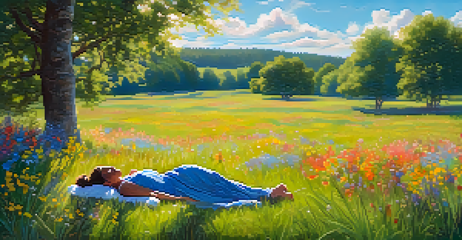 A person napping on a grassy meadow surrounded by wildflowers and under a blue sky with clouds.