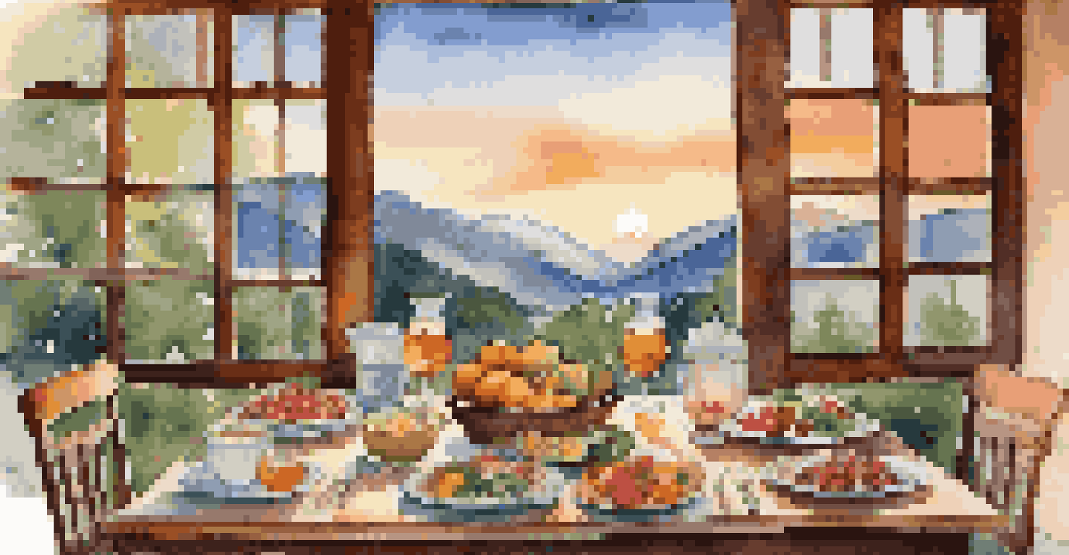 A dining table outdoors with nutritious foods, mountains in the background, and a sunset ambiance.