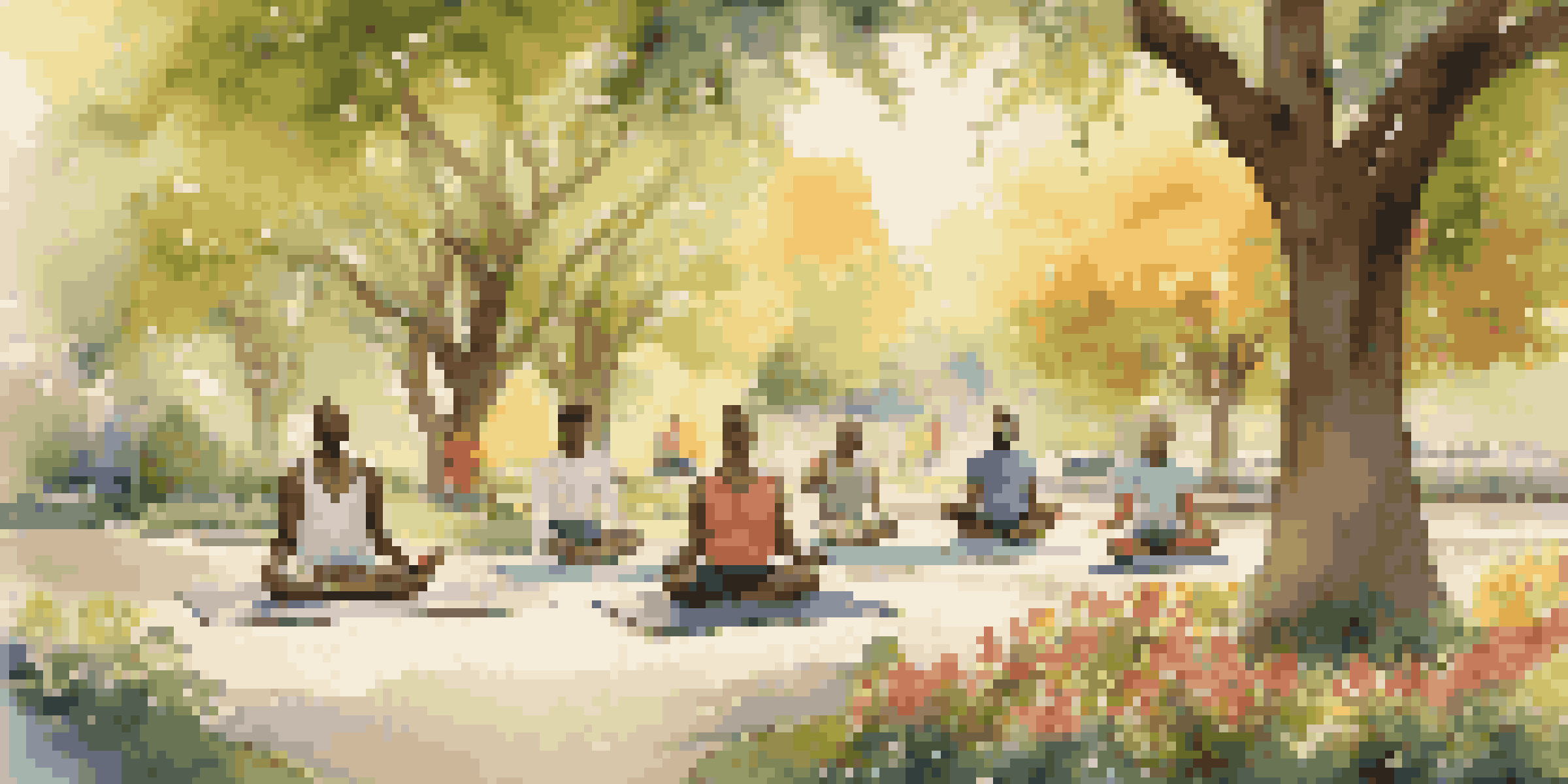 A peaceful park where a diverse group of men is practicing self-care activities like meditation, jogging, and yoga under sunlight.