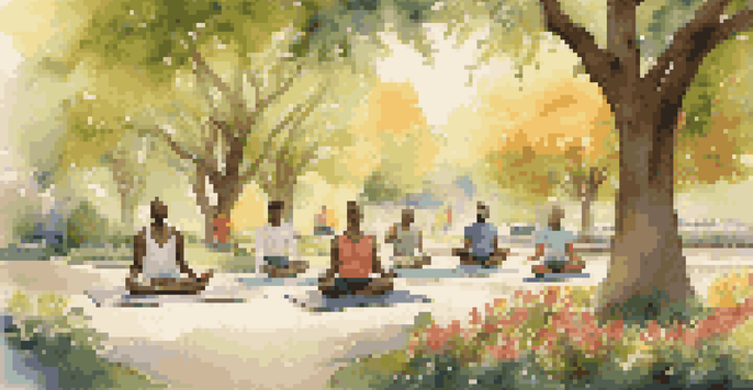 A peaceful park where a diverse group of men is practicing self-care activities like meditation, jogging, and yoga under sunlight.