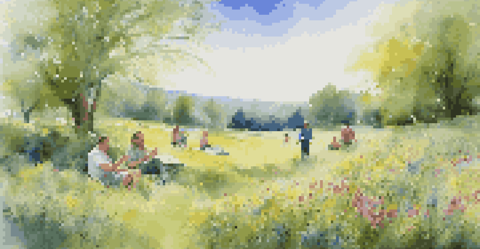 A lively spring meadow with wildflowers and people enjoying a picnic, set against a clear blue sky.