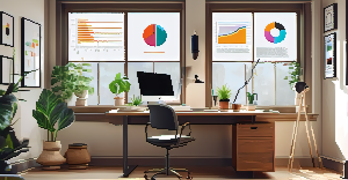 A calm home office with a wooden desk, laptop, notepad, and a potted plant, illuminated by natural light with a financial wellness poster on the wall.