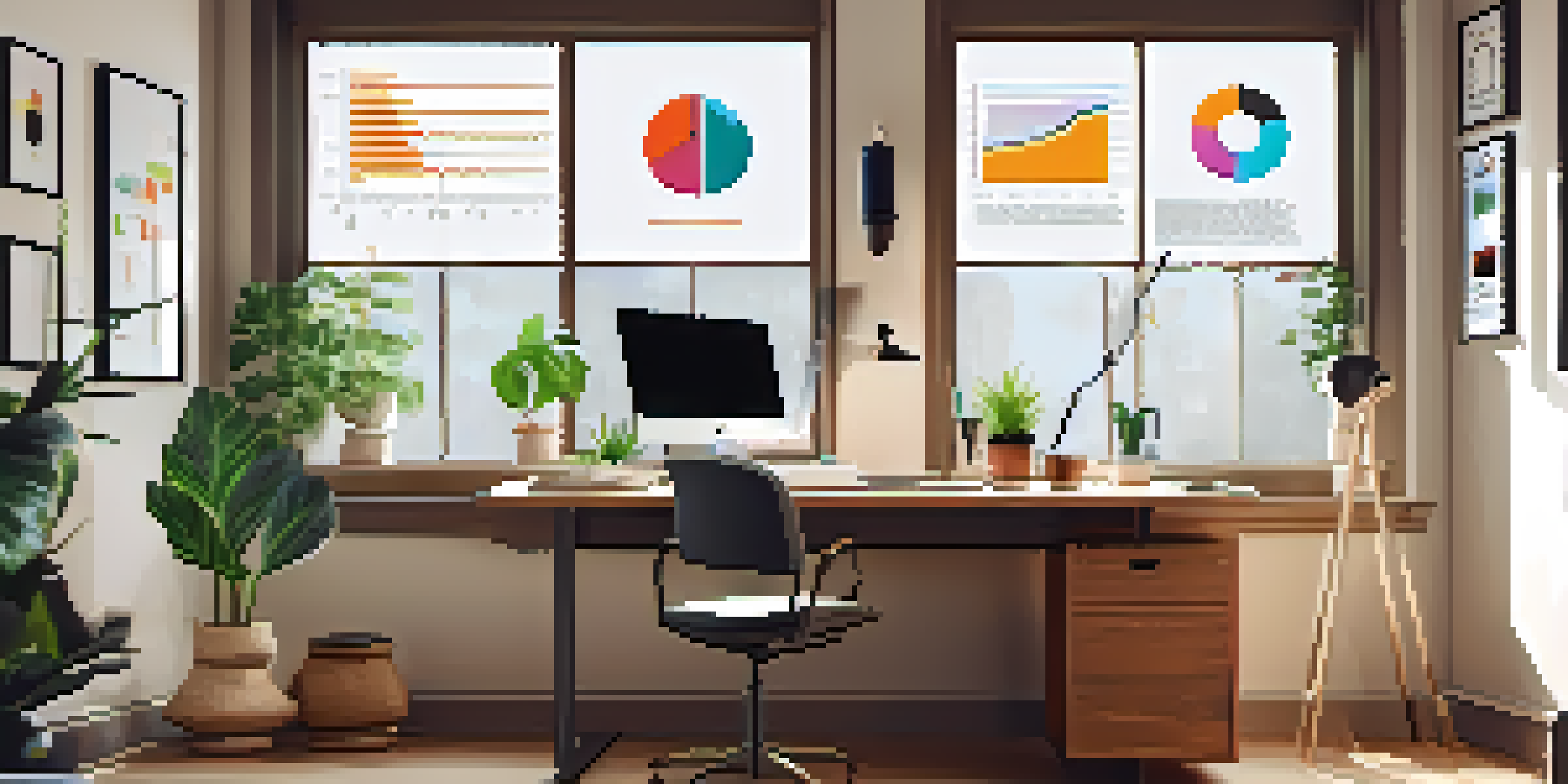 A calm home office with a wooden desk, laptop, notepad, and a potted plant, illuminated by natural light with a financial wellness poster on the wall.