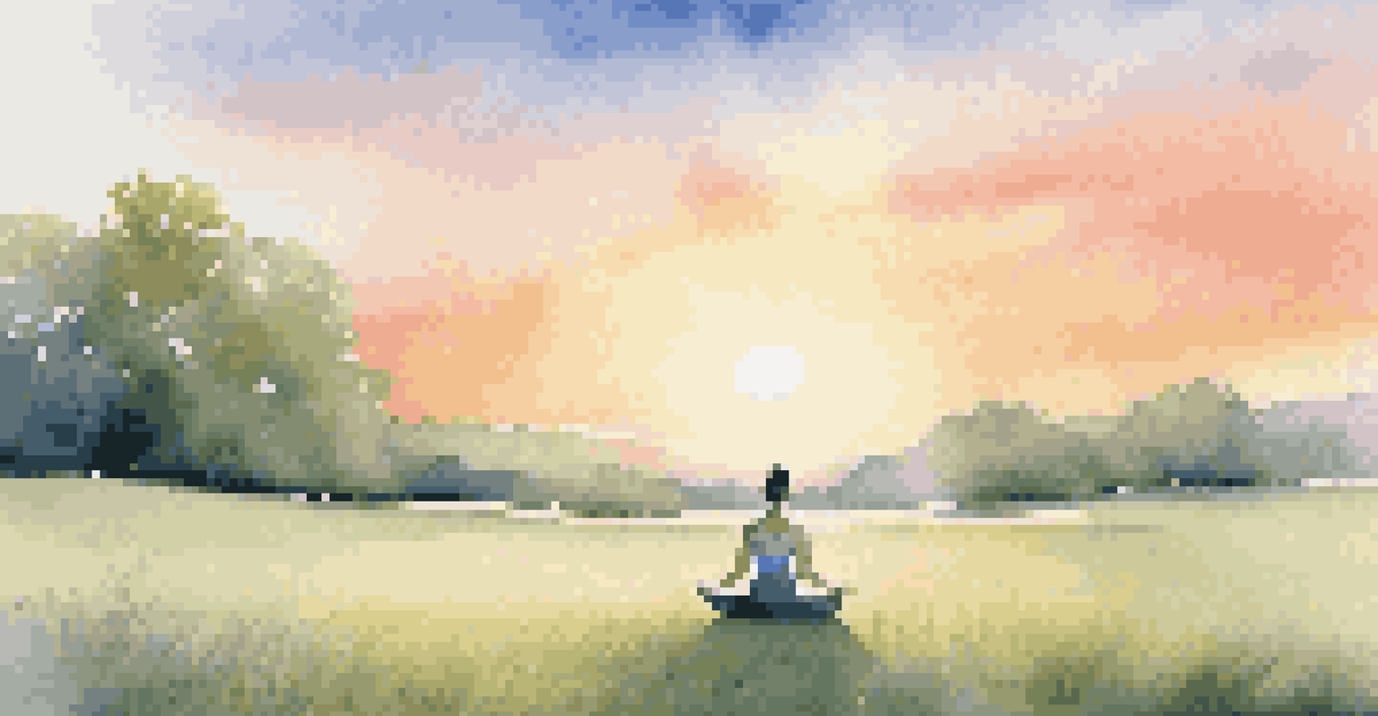 A person practicing yoga in a serene outdoor environment at sunrise, surrounded by a calm grassy field.