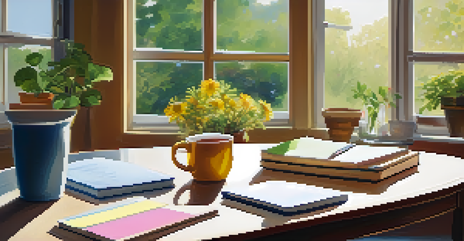 A coaching environment with a round table, mugs, notepad, and a potted plant, illuminated by natural light.