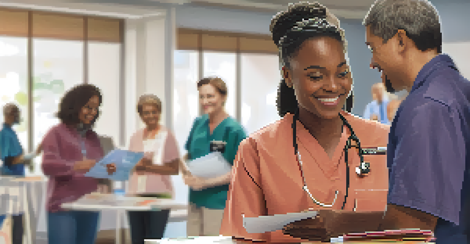 A healthcare provider smiling and discussing health screening with a community member at a well-lit event.