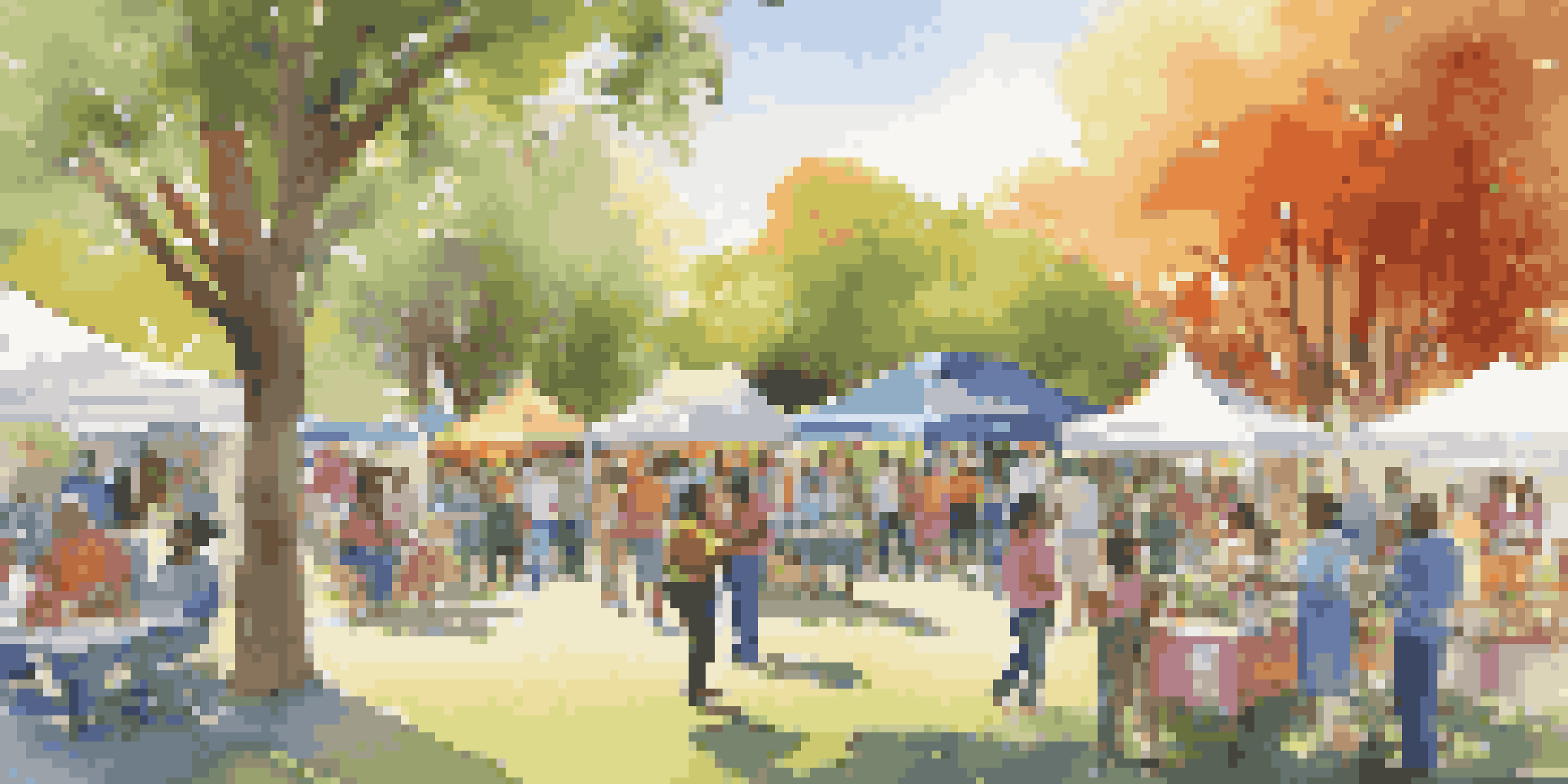 A lively community health fair in a park with diverse individuals engaging with healthcare booths under sunlight filtering through trees.