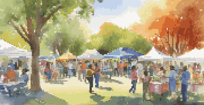 A lively community health fair in a park with diverse individuals engaging with healthcare booths under sunlight filtering through trees.