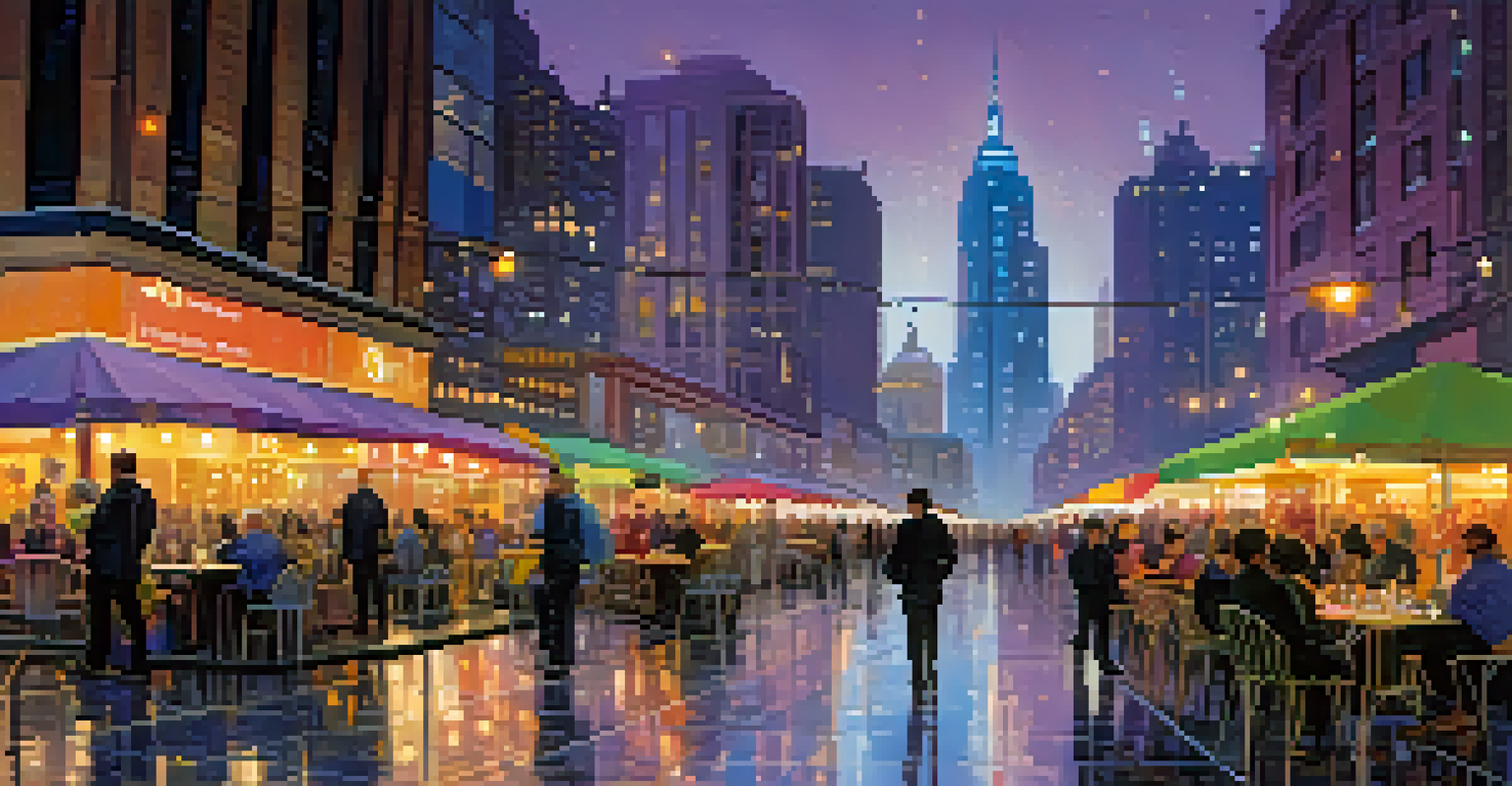 A vibrant cityscape at dusk with illuminated skyscrapers, bustling streets, and reflections on rain-soaked pavement.