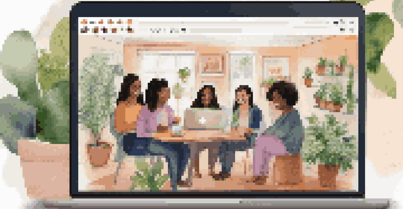 A laptop showing a joyful online support group meeting with diverse participants, set in a warm and cozy home environment.