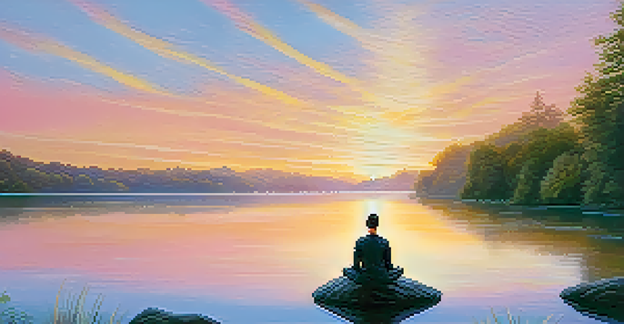 A person meditating by a peaceful lake at sunrise, surrounded by greenery and soft colors in the sky.